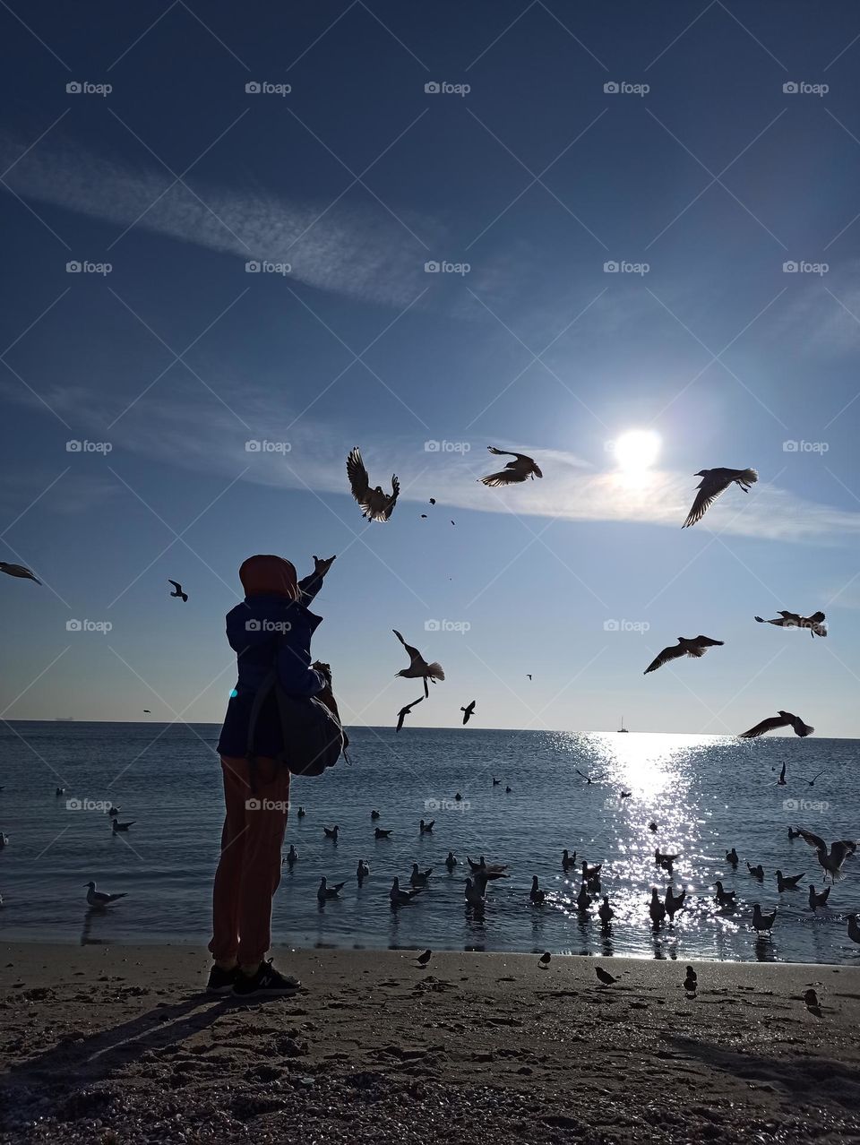 girl feeding seagulls on the beach. Ukraine. Odessa. Sunny day.