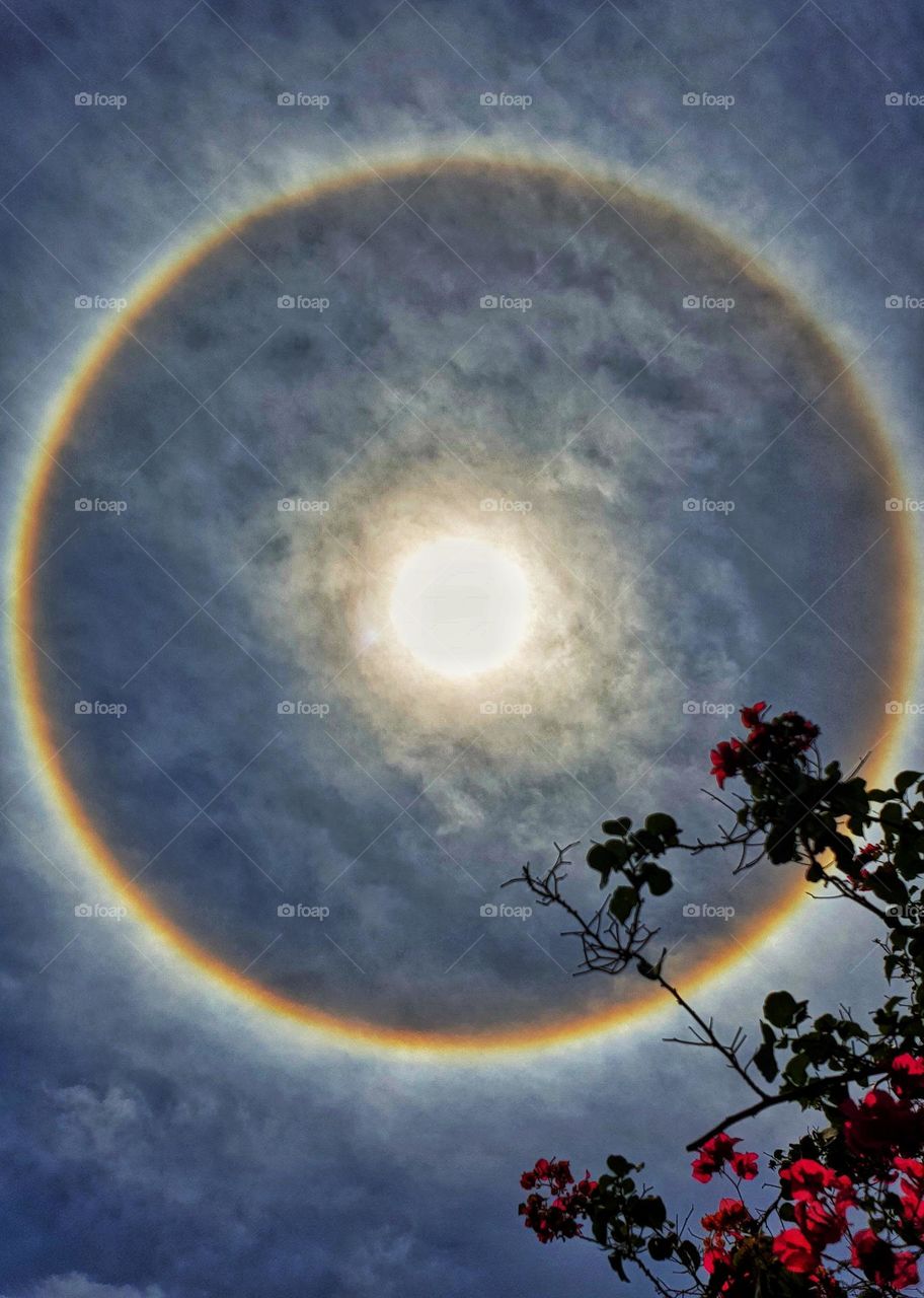 Halo solar
É nada mais do que luz.
É um efeito óptico que acontece naturalmente quando os raios do Sol atravessam certas nuvens grandes e altas, em geral do tipo cirrus, que contêm muitos cristais de gelo.