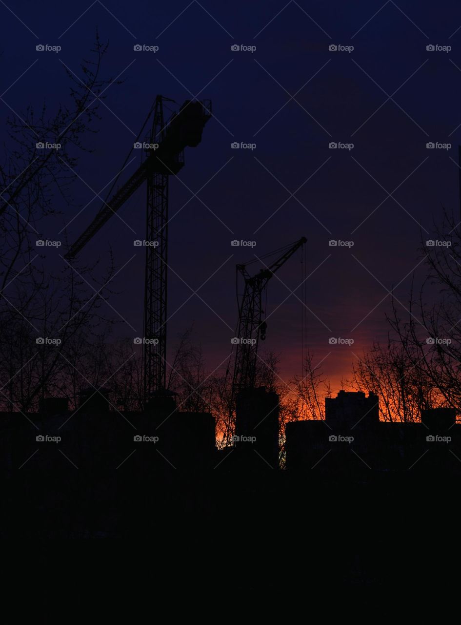 night street view beautiful colour sunset 🌇 and cranes building