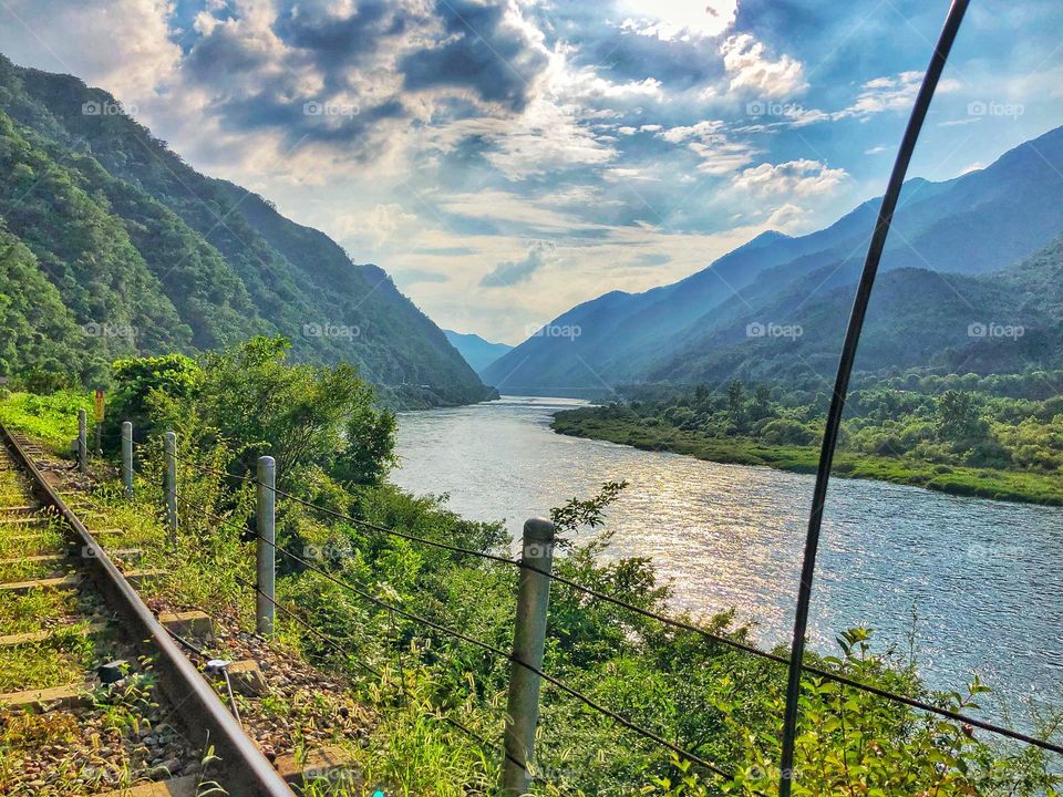 Landscape view of a river and a mountain in Korea.