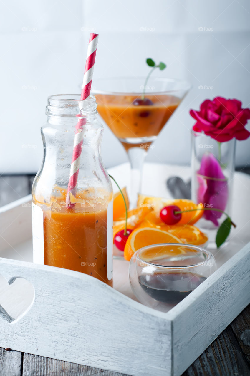 Delicious fruits smoothie in a jar