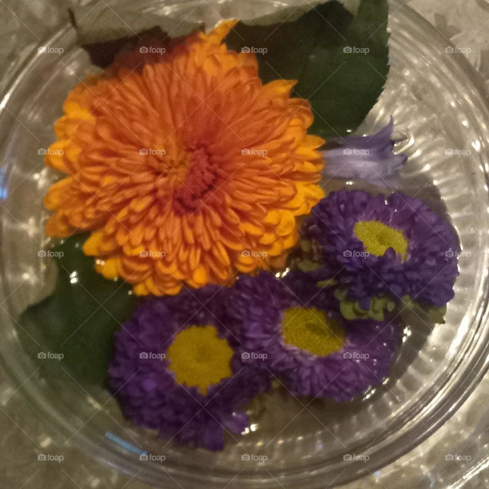 A orange and white mum with small purple flowers and green foliage as accents in a luminating crystal dish sparkling as it's base