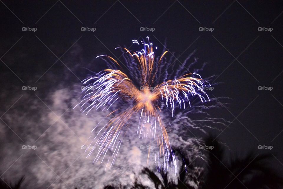 Red white and blue fireworks covered in smoke against a black nighttime sky with a silhouette of palm trees