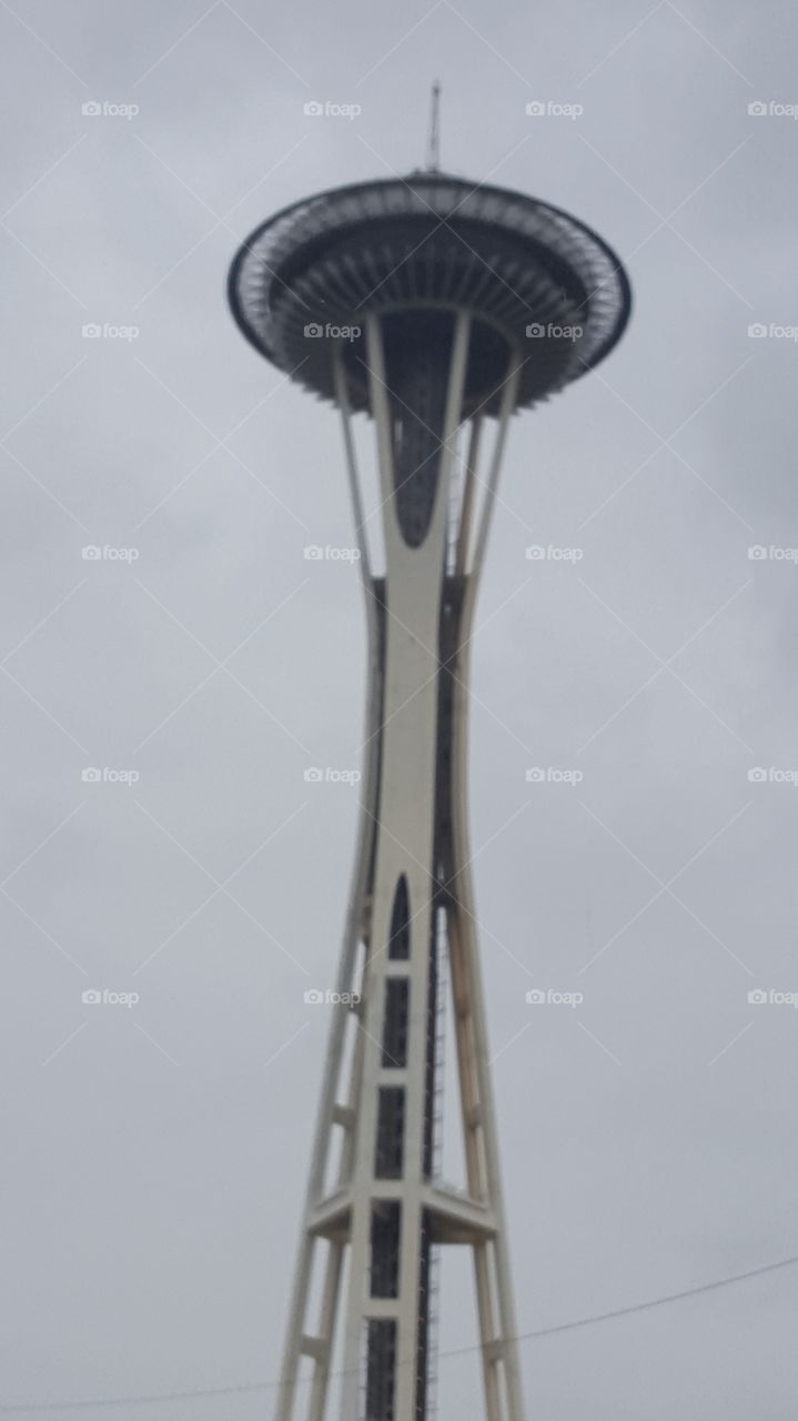 space needle in the rain