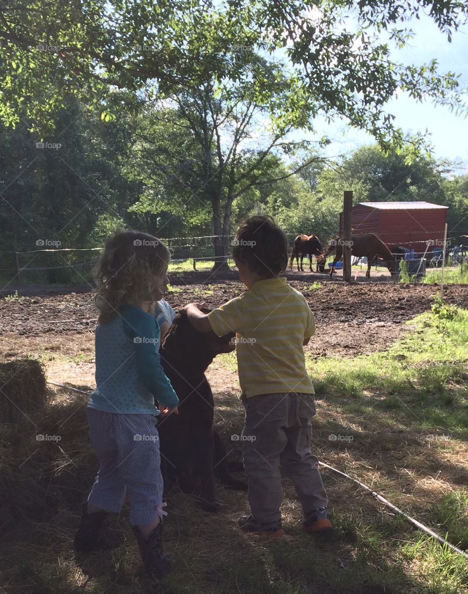 Twins playing with Choco, the super sweet farm dog.