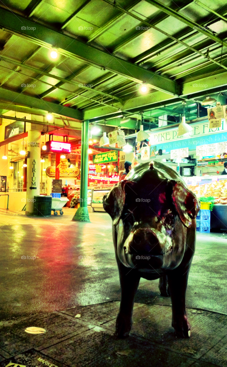 pike place market night lights pig by pcar773