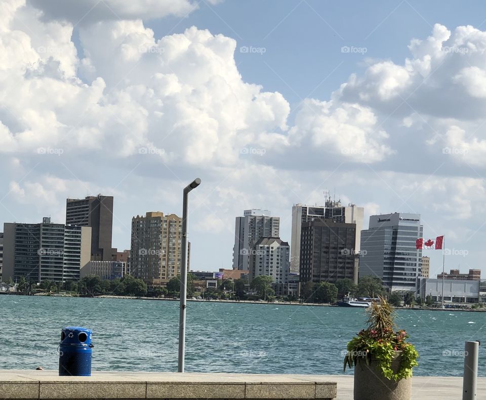The Detroit River on Detroit, Michigan USA 🇺🇸 side, overlooking Windsor, Ontario Canada 🇨🇦