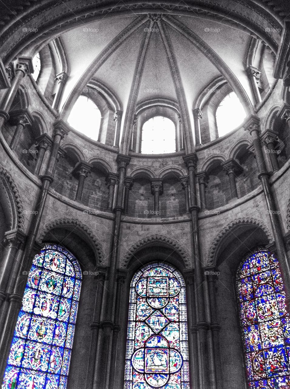 Stained glass windows, black & white with a splash of colour 