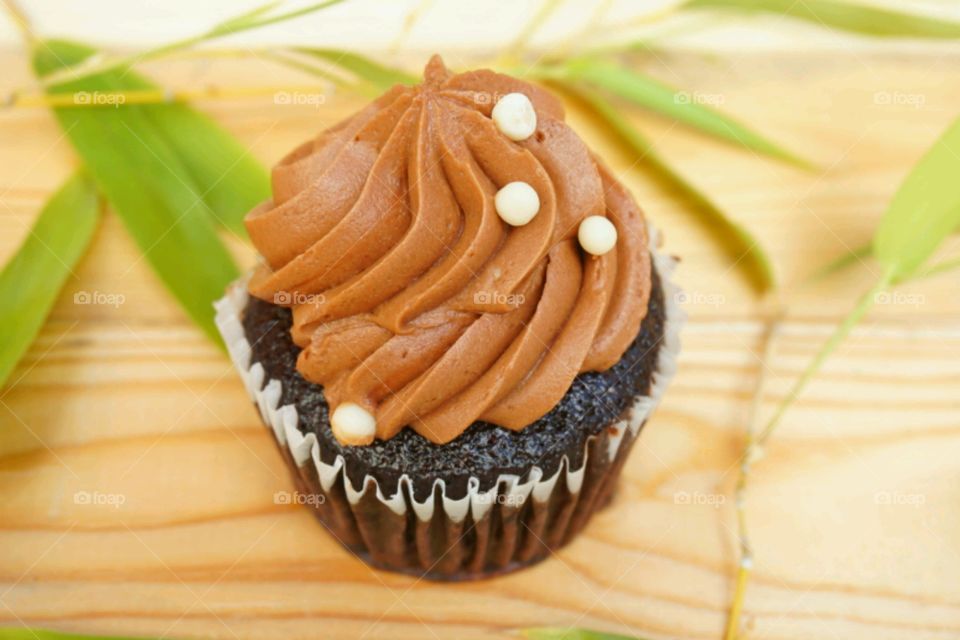 Elevated view of a chocolate cupcake