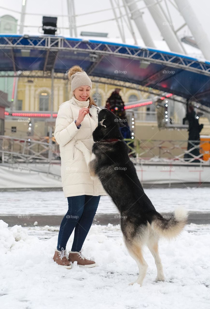 walking the dog down the street, the owner walks the weakling, teaches her, cleans up after her, educates, plays with his pet. people and dogs are best friends