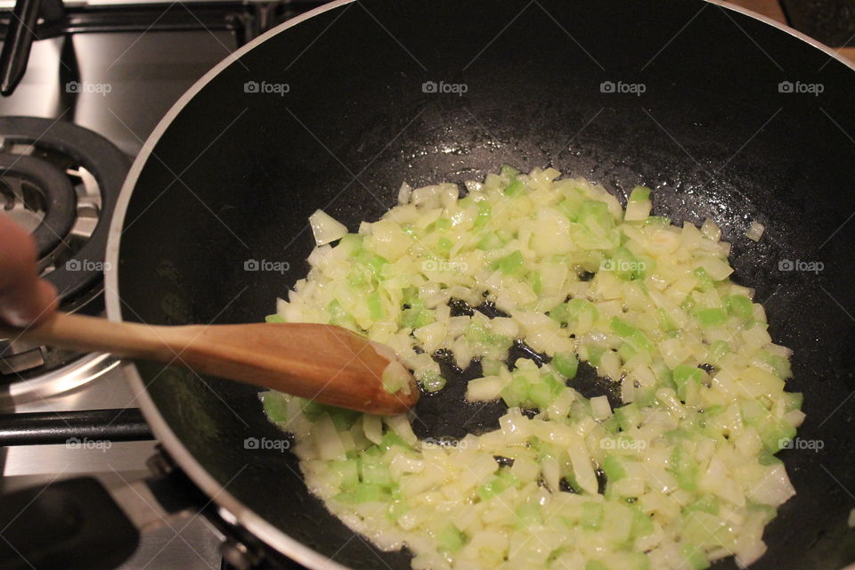 Onions, garlic and celery for the risotto 