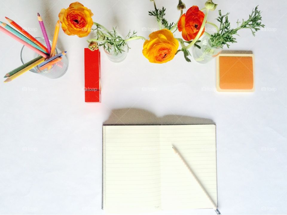 Desk From Above. A final overview of my workspace featuring an opened notebook & pencil ready for the day's notes.