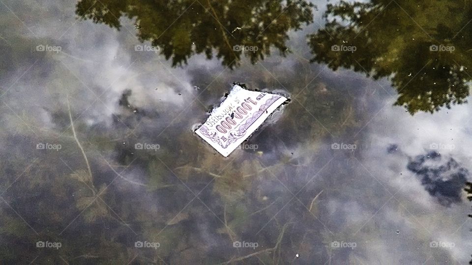 A ripped "million dollar bill" floating on the water
