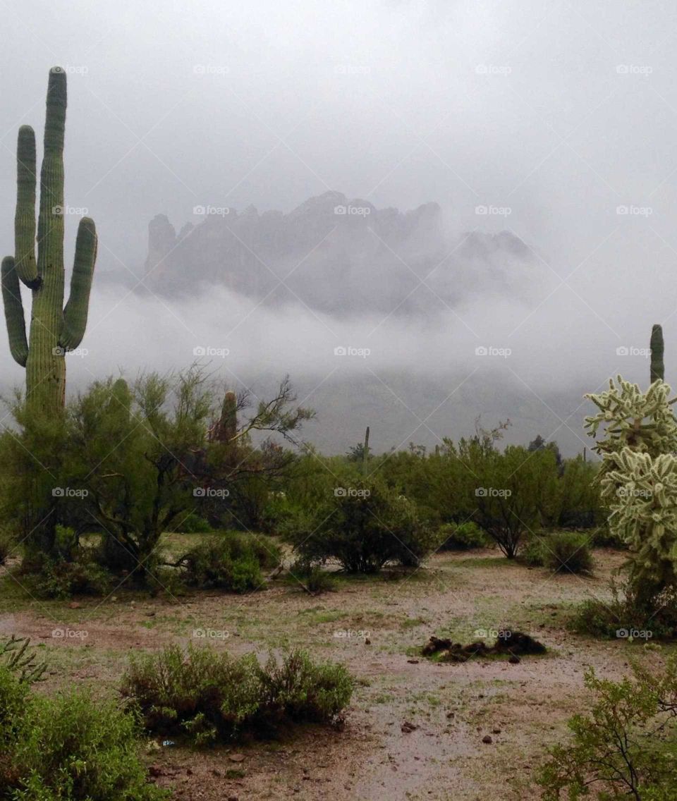 Superstition Mountains in the mist