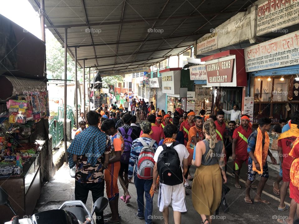 Bustling streets of Rishikesh.