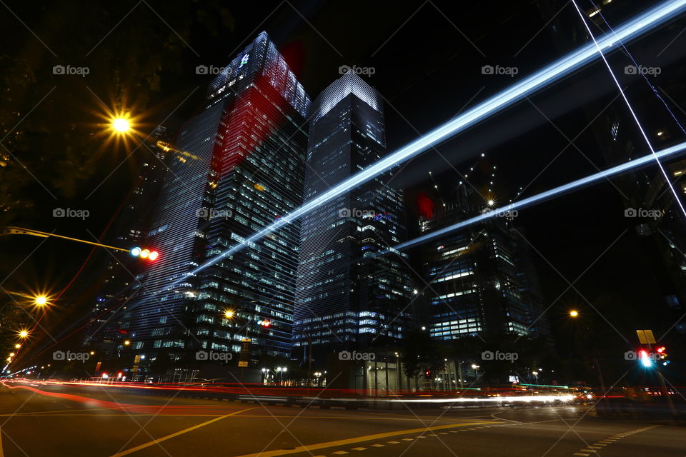 lights at singapore city busy business district at night