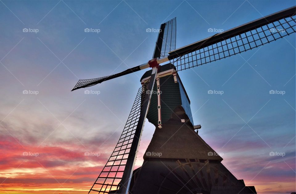 beautiful Dutch wooden windmill with large windmill blades and colorful sky at dawn in  frog perspective wide angle picture