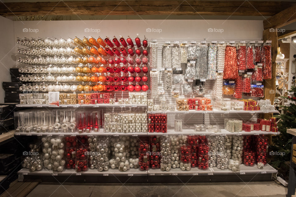 Christmas decorations and ornaments in a store in Sweden.