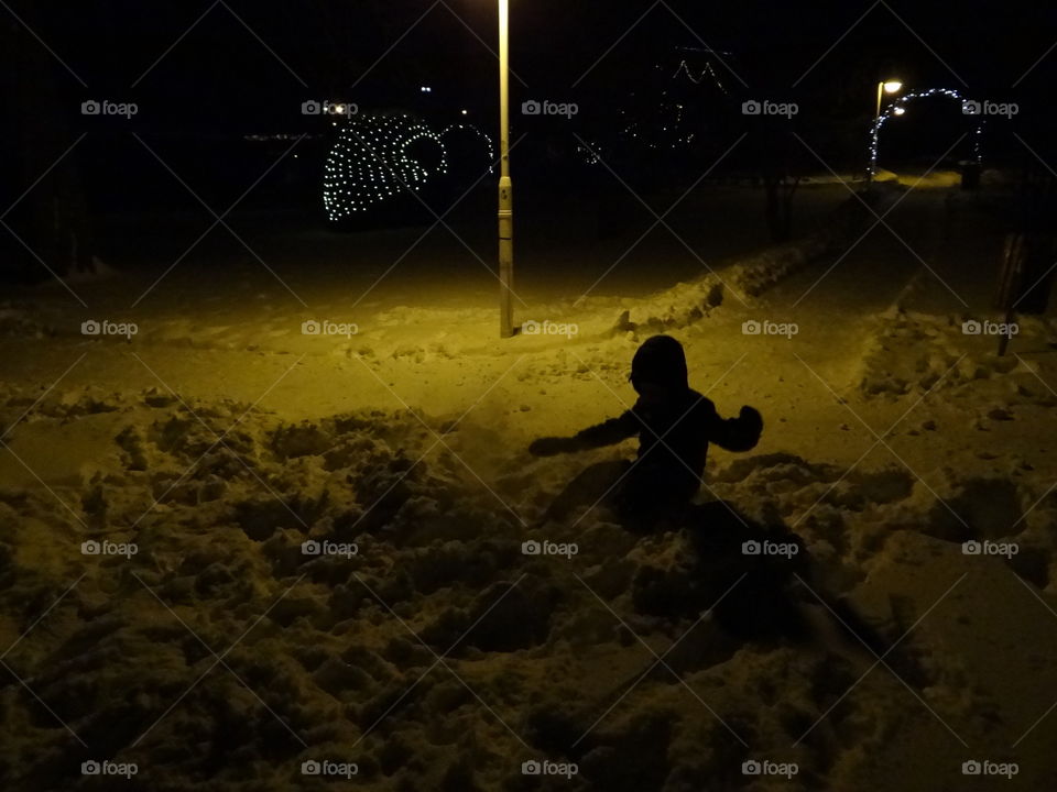 Snow play at night