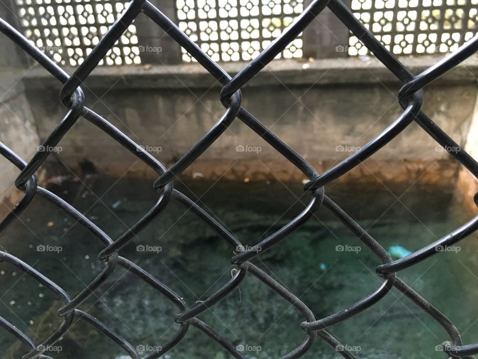 Wire mesh fence in front of hot spring