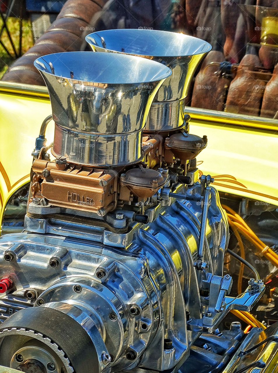 Supercharged Hot Rod Engine. Detail Of High Performance
 Race Car Engine Supercharger With Lots Of Chrome