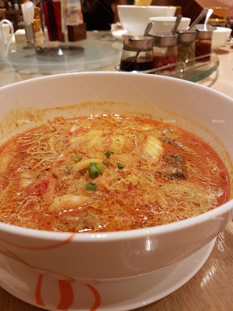 My noodle soup creation: egg noodles + curry laksa + beef brisket + shrimp + kimchee 🍲
