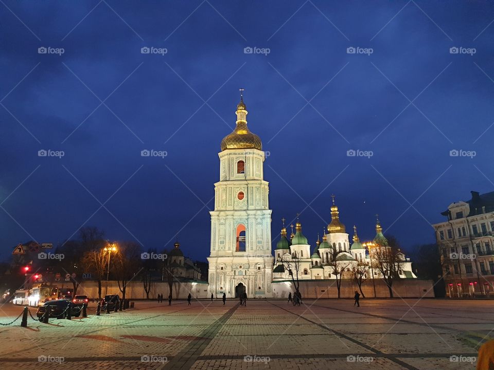 Kyiv in the evening. Sophia Kyivska. Church against night sky