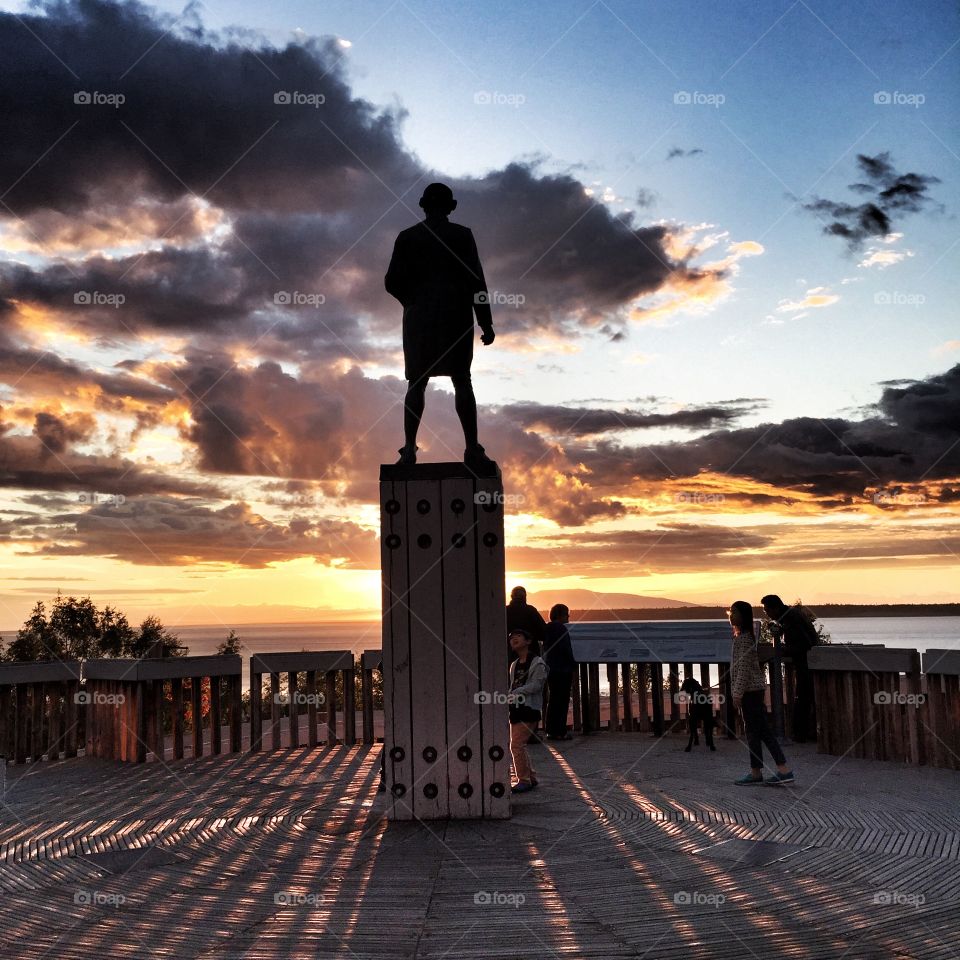 Statue of Captain Cook at sunset in Anchorage.  