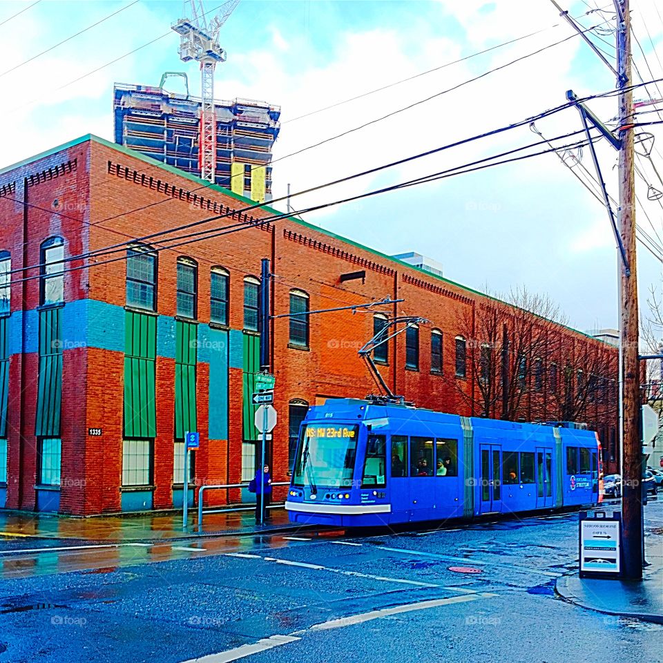 Blue city trolley downtown street