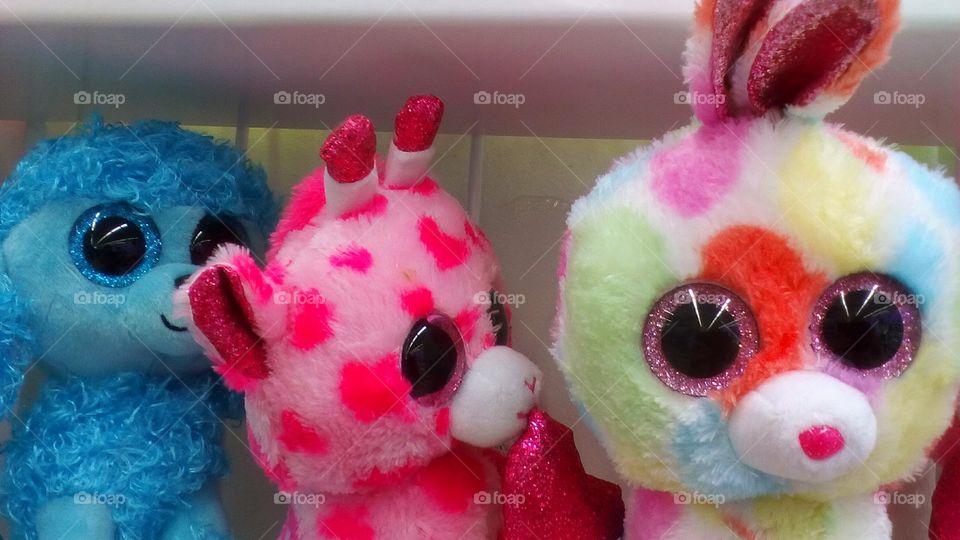 Three funny plush colorful toy arranged
each near other on shelf looking with
big round black eyes