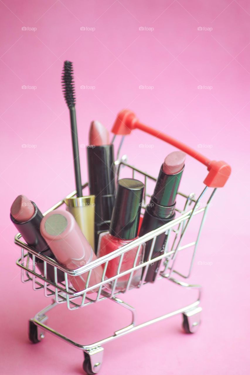 decorative cosmetics lies in the market cart