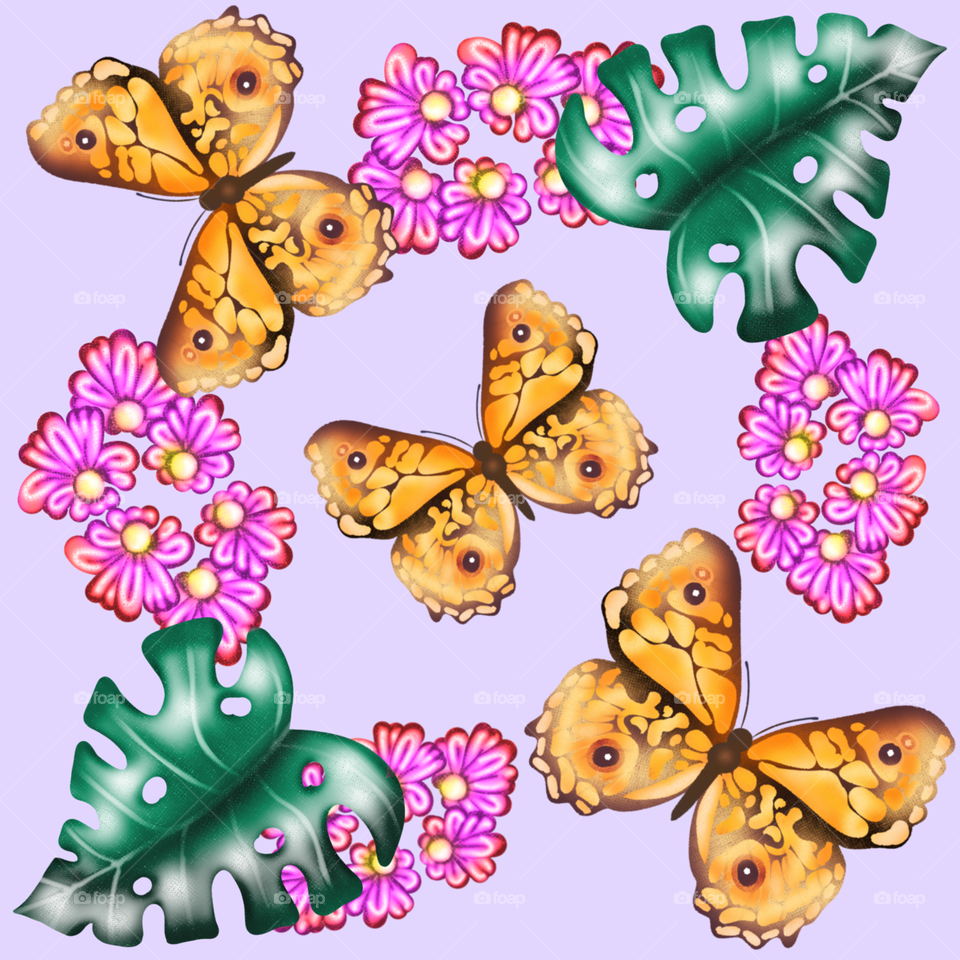 monstera leaves and butterfly pattern