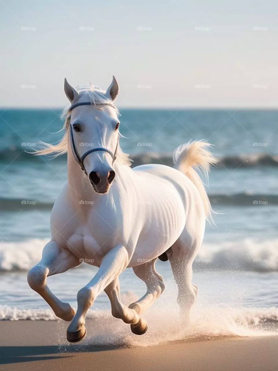 Beautiful white horse running in the beach