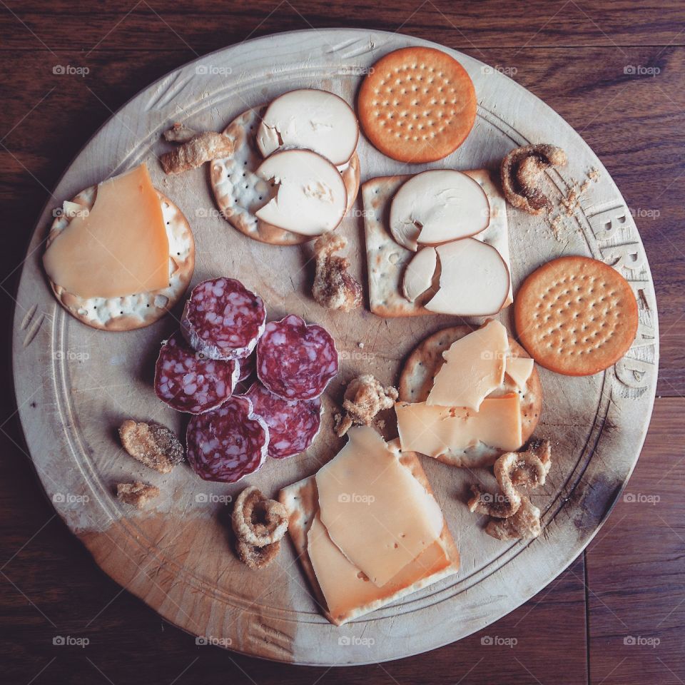 High angle view of snacks on table