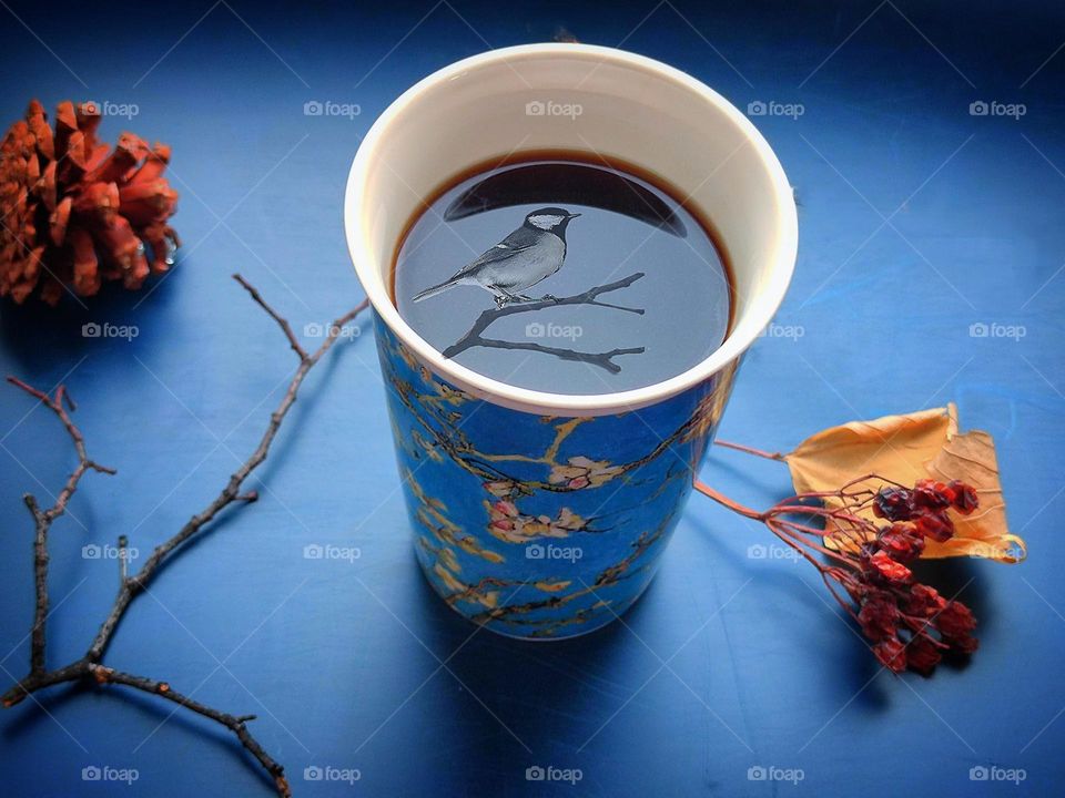 There is a Chinese style glass on a blue background.  Nearby lie dried branches of red rowan.  Bird reflected in coffee