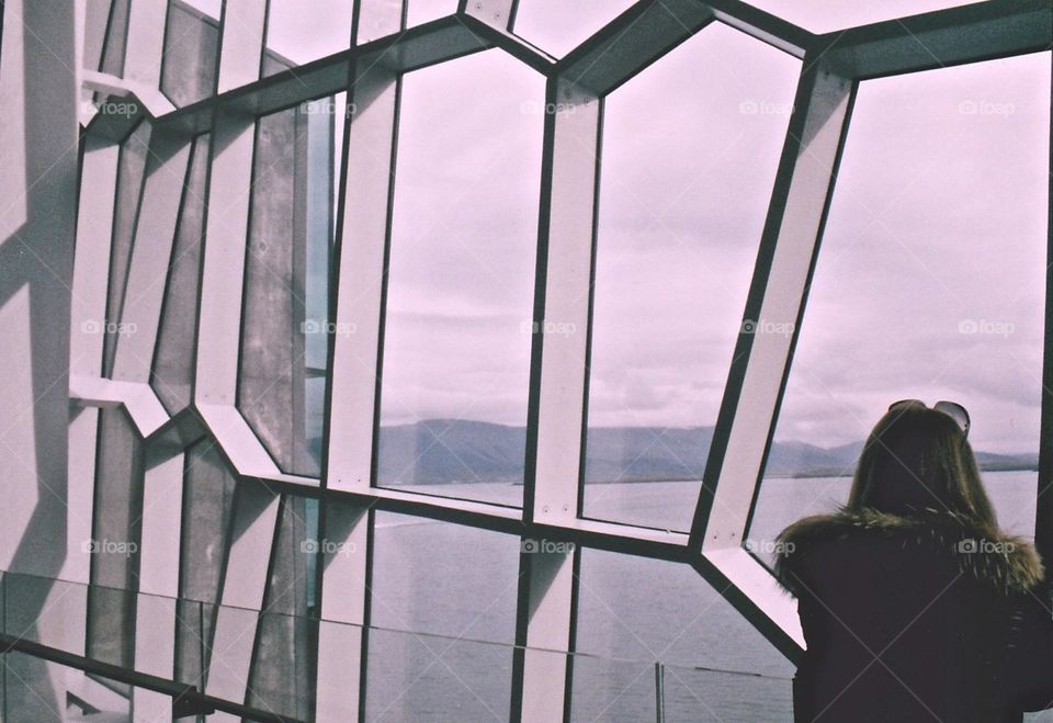 Architectural abstract shaped detail of window of music hall in Iceland 