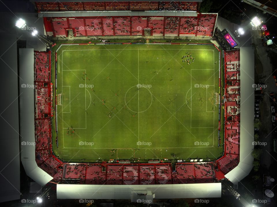 aerial drone view of SCG Muangthong Thani united football club stadium in Bangkok Thailand