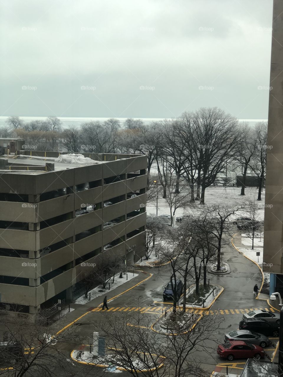 View of very cold day in Chicago,IL Near a very frozen Lake Michigan from the 6th floor hospital. 