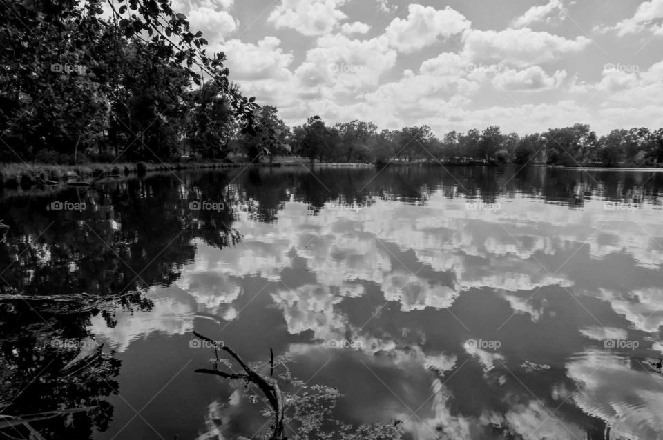 Beautiful Reflected Clouds Over Pond in Black & White "Reflect Me Perfect"