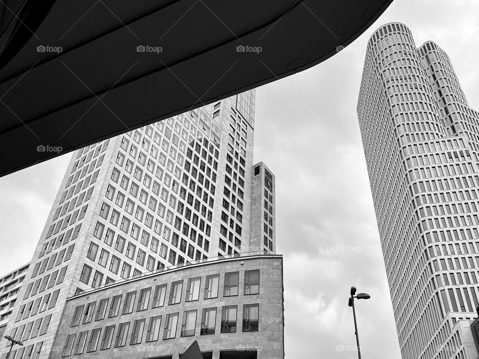 Cityscape from below on skyscrapers in black and white