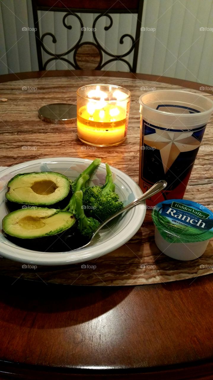 Candle lit dinner was started with my healthy appetizer of avocado and broccoli. Can't do anything without sweet tea though.