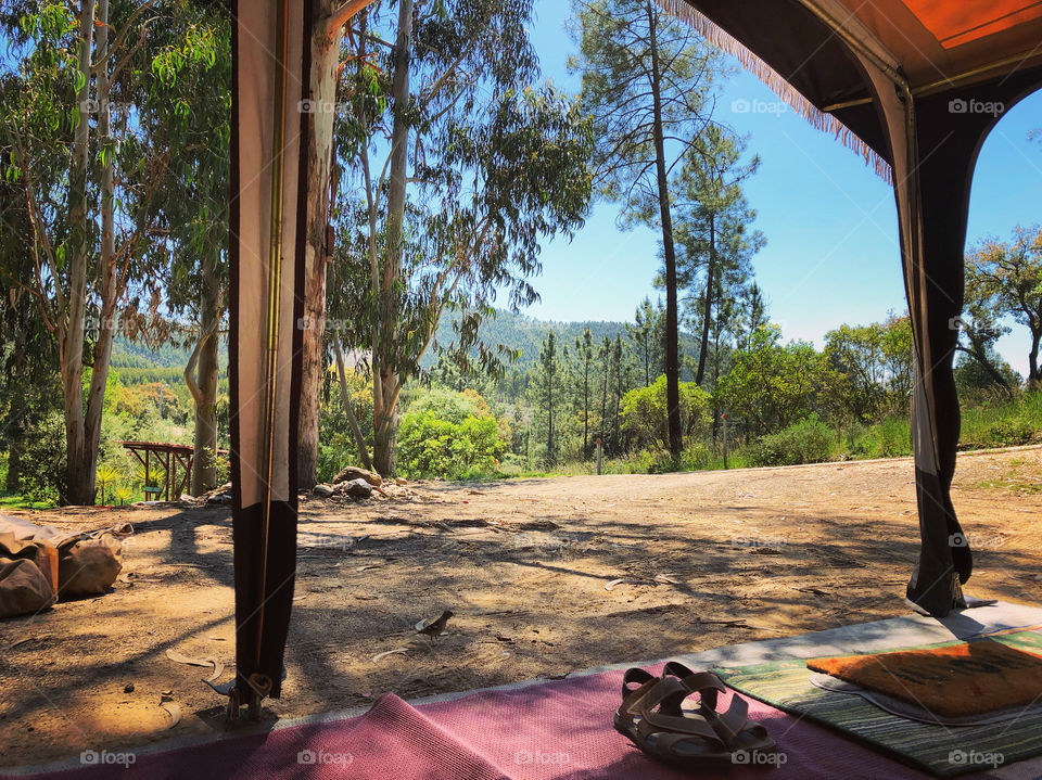 A view of trees and hills in the Central Portugal countryside, as seen from an open tent