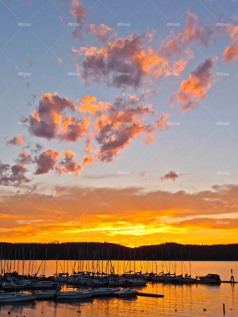 Colorful sunset at the boat marina on Payette Lake in McCall, Idaho. 