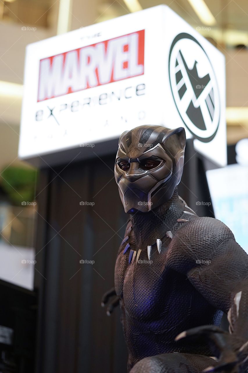 Bangkok, Thailand - April 31, 2018 : A photo of Black Panther real-life size figure on display. Black Panther is a 2018 American Superhero film belongs to Marvel. Editorial use only.