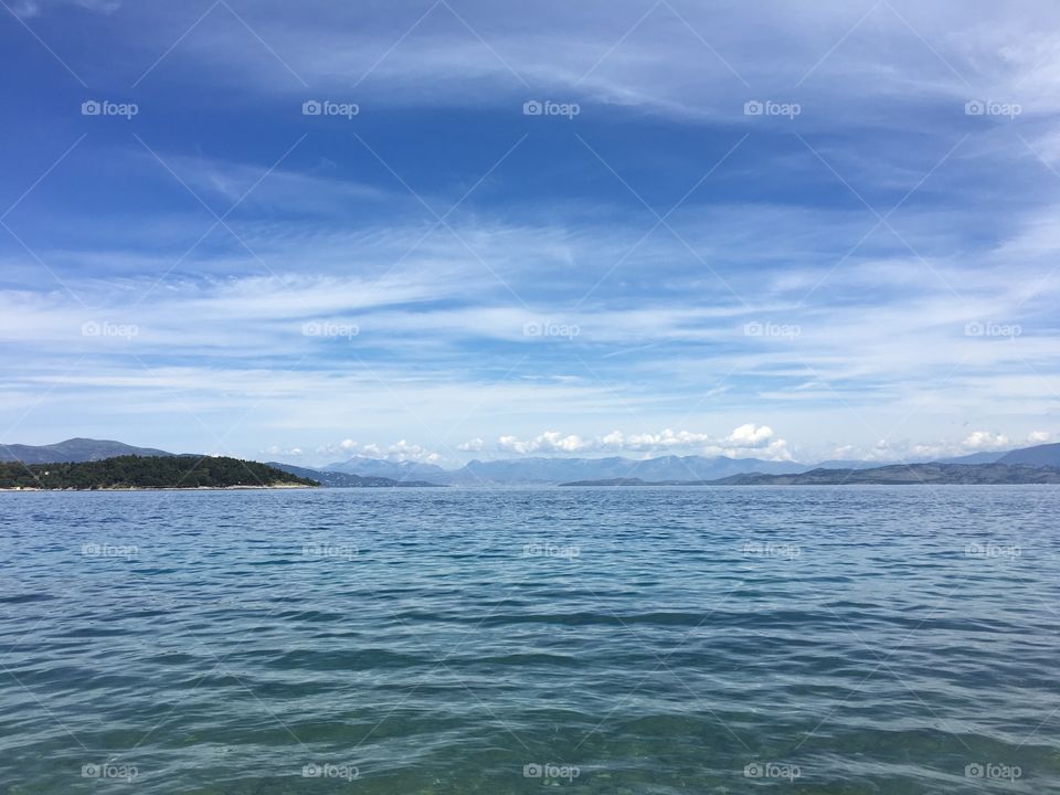 Landscape and skyline from Vidos Island to mainland Greece from Corfu Town