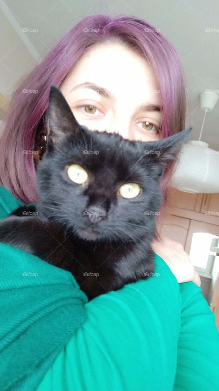 My cat, Hera and me with purple hair