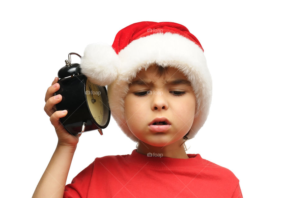 Santa kid holding an alarm clock