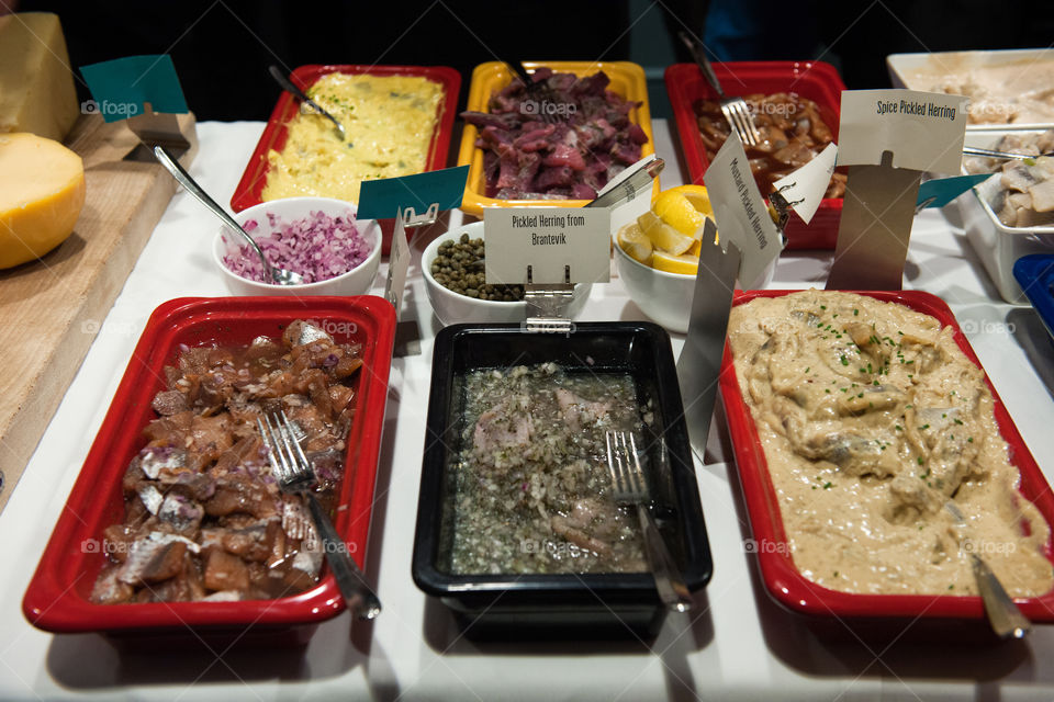 Herring on a christmas buffet. This is one of the dishes that are part of the traditional Swedish Christmas buffet.