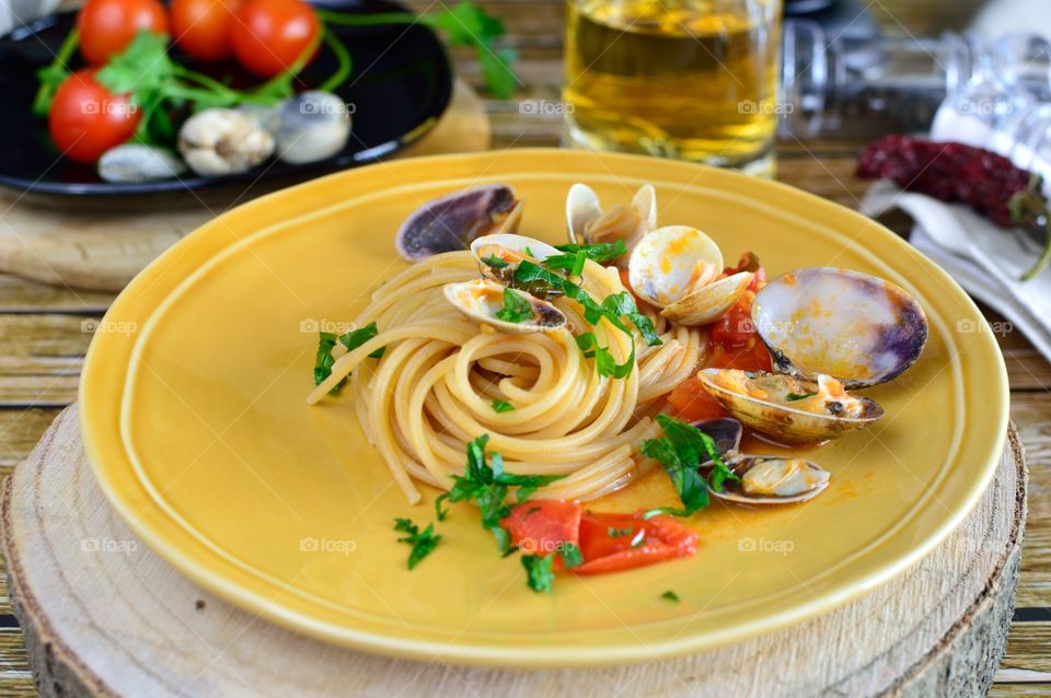 dish spaghetti with seafood. A classic cuisine Neapolitan