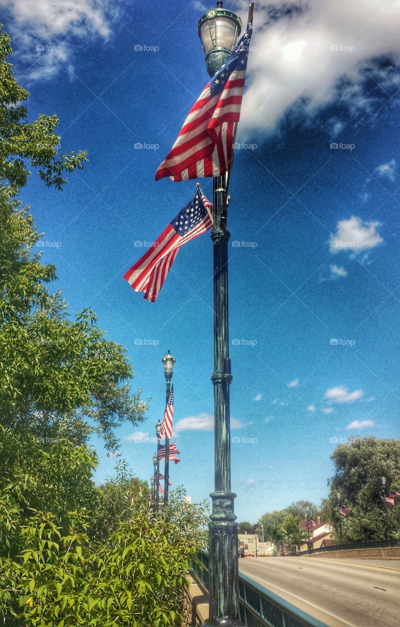 Flags on Bridge. River Crossing